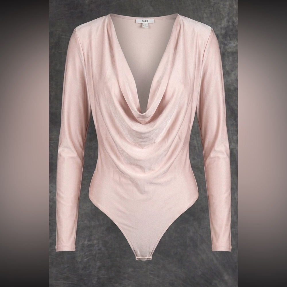 Bar III Peach Cowl Neck Bodysuit L | Padded Shoulders Long Sleeve Stretch